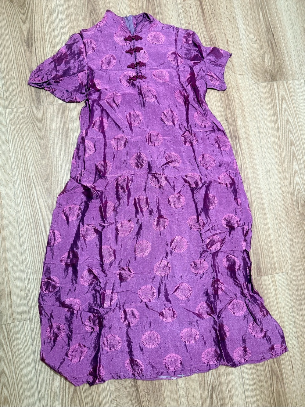 Vintage Cheongsam Qipao Maxi Dress Purple Floral Medallion Frog Button M
